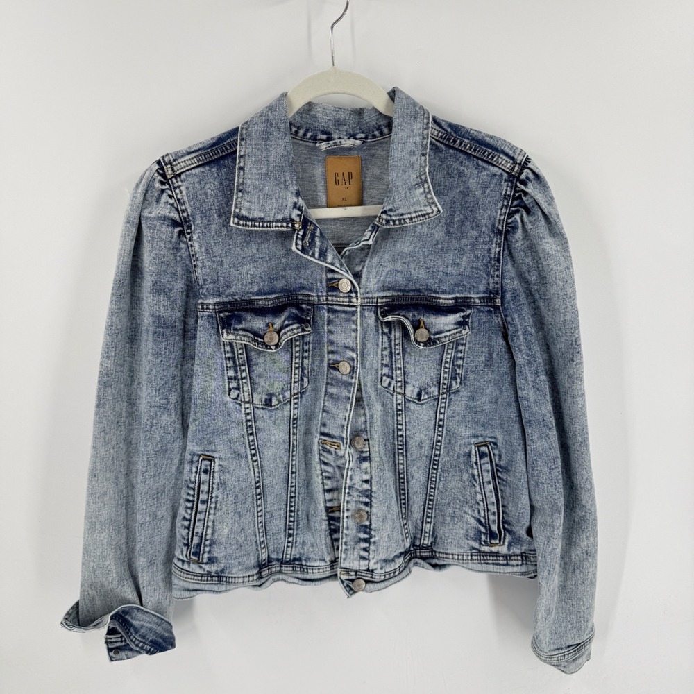 Gap Puff Sleeve Denim Jacket Light Acid Wash Blue XL Retro Y2K Jean Jacket